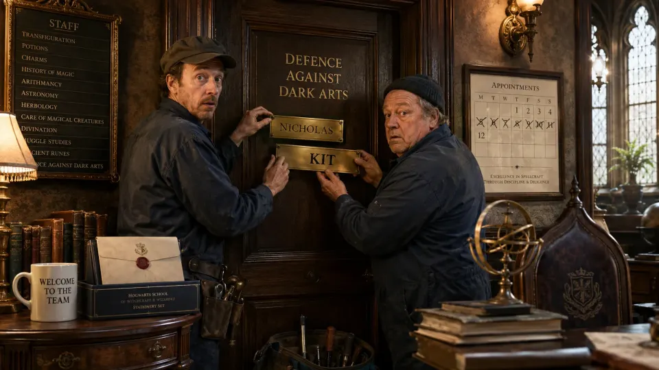 Satirical illustration of a glamorous fictional wizard-school staff room where an actor's newly installed nameplate is already being replaced after only twelve days.