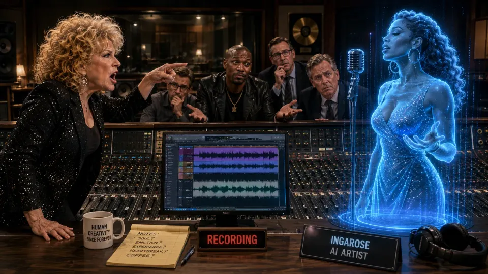 Satirical illustration of Bette Midler confronting a glamorous holographic AI singer across a recording studio while confused music executives watch.
