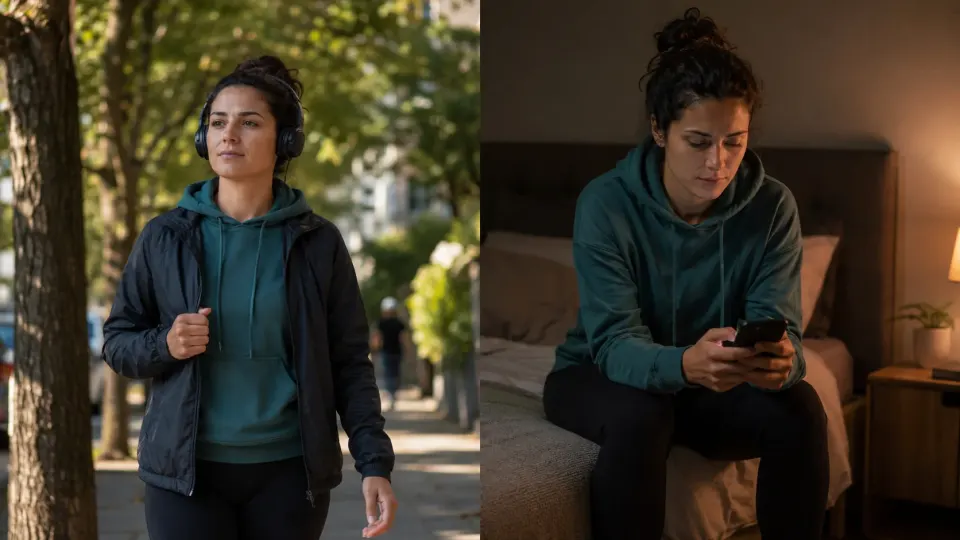 Confident person walking outdoors contrasted with the same person checking their phone alone at night.