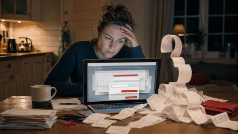 A frustrated shopper stares at a laptop checkout while a trail of receipts and extra charges piles up beside a bank card.