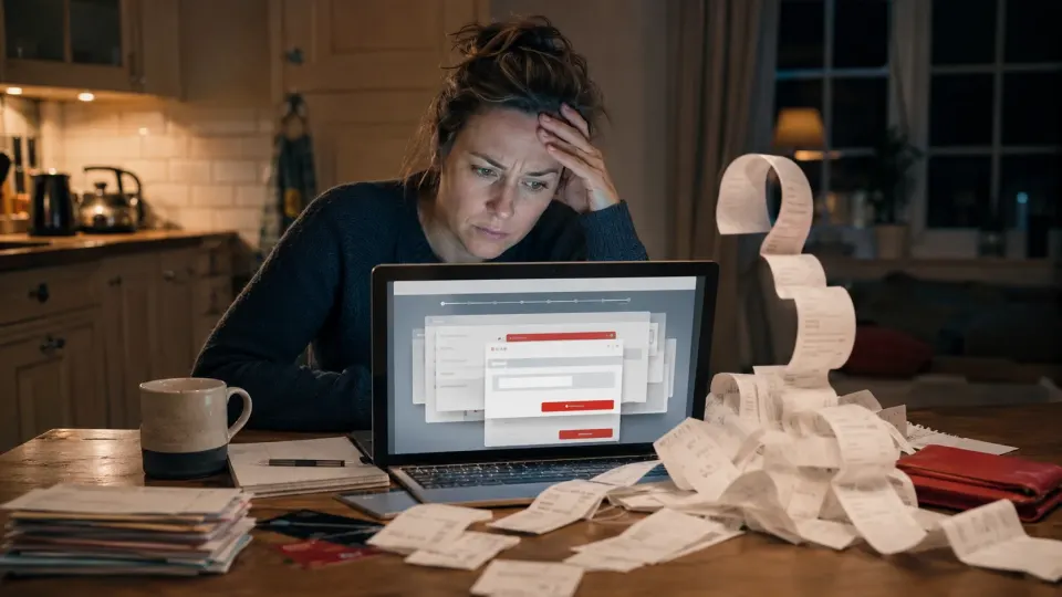 A frustrated shopper stares at a laptop checkout while a trail of receipts and extra charges piles up beside a bank card.