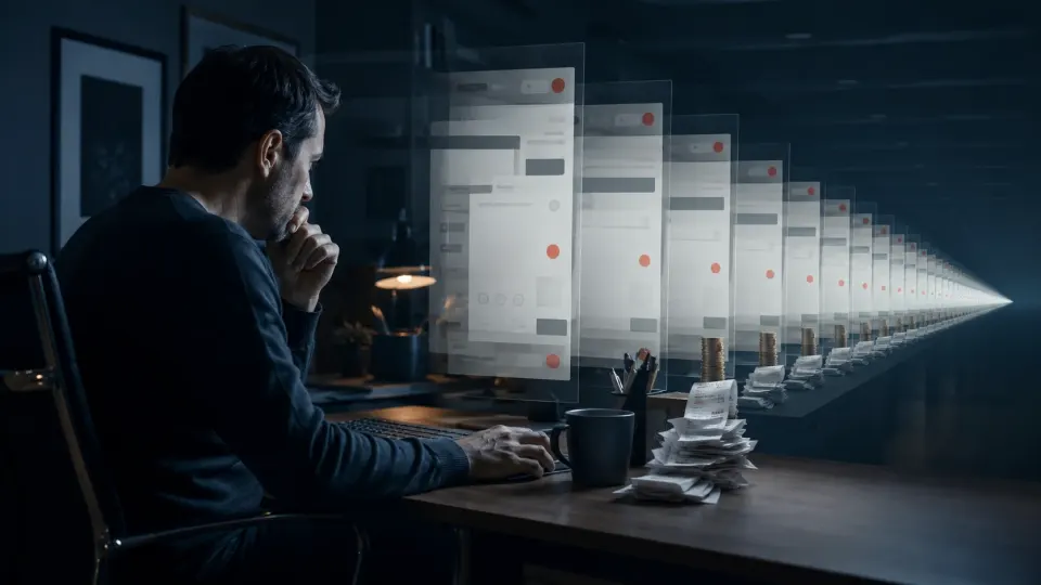 A shopper faces an apparently endless tunnel of online checkout screens, receipts and accumulating charges.