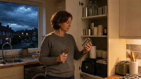 Person checking tinned food, bottled water and emergency supplies in an ordinary British kitchen.
