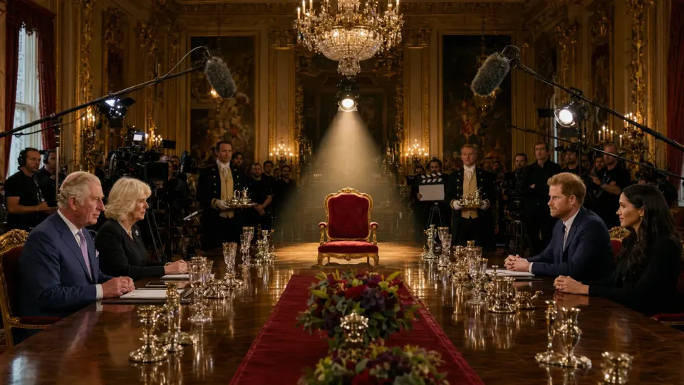Satirical royal family reunion staged like a prestige television production inside a grand palace room