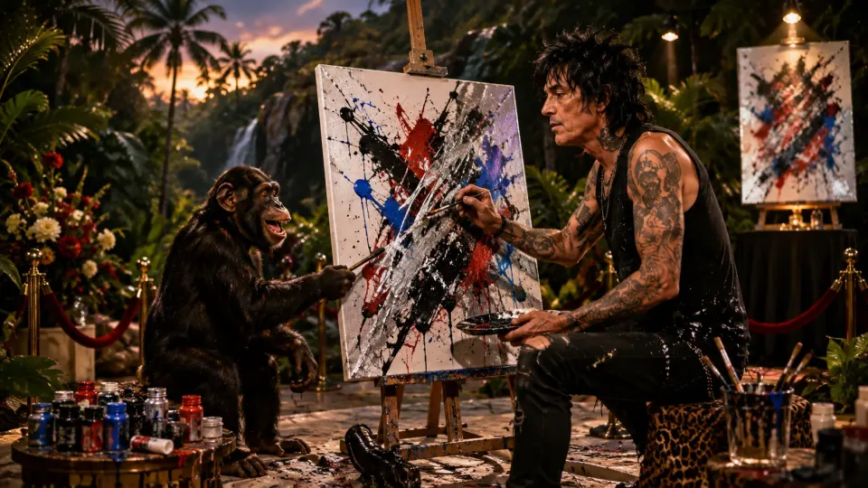 Satirical illustration of Tommy Lee and rescue chimp Limbani creating an abstract painting together at a Florida sanctuary.
