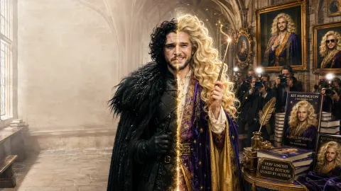 Satirical illustration of Kit Harington transforming from a serious dark-haired fantasy hero into a flamboyant blond celebrity wizard inspired by Gilderoy Lockhart.