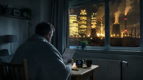 A man wrapped in a blanket reads an energy bill beside a smart meter in a cold, darkened home while brightly lit corporate towers and energy infrastructure glow outside.