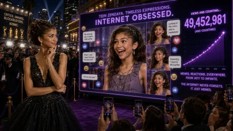 Satirical illustration contrasting a sophisticated modern Hollywood star with an enthusiastic teenage red-carpet version becoming a huge internet meme.