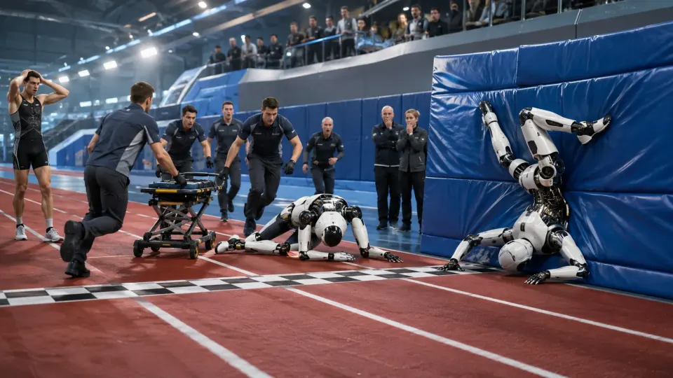 One humanoid robot lies beyond the finish line while another is folded against a padded wall as technicians approach.