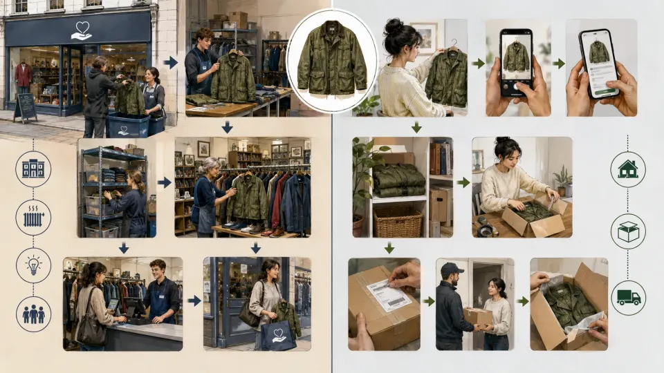 Illustration comparing the operating costs of selling second-hand clothing through a charity shop and through an online resale platform.