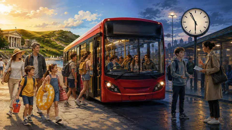 Illustration contrasting children enjoying free summer bus travel with a teenager facing an evening accompaniment rule at a British bus station.