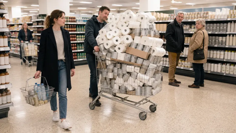 Calm supermarket shopper with basic supplies beside another person pushing an absurdly overloaded trolley.