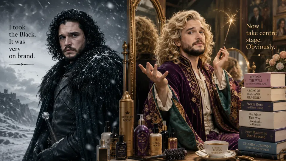 Satirical split-screen editorial illustration showing a serious dark-haired fantasy hero transforming into an extravagantly dressed blond celebrity wizard surrounded by mirrors and publicity photographs.