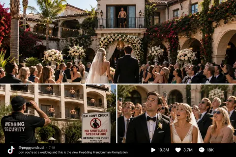 Satirical illustration of a shirtless hotel guest watching an outdoor California wedding from a balcony as guests notice him above the ceremony