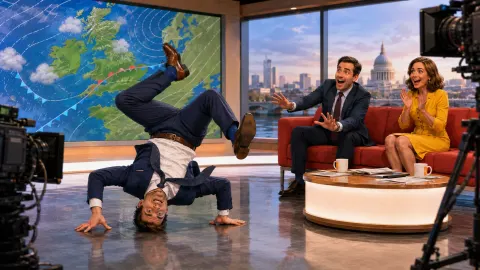 Television weather presenter attempting to breakdance on the floor of a breakfast programme studio
