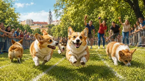 Editorial illustration of corgis racing through a sunny park as spectators and owners cheer.