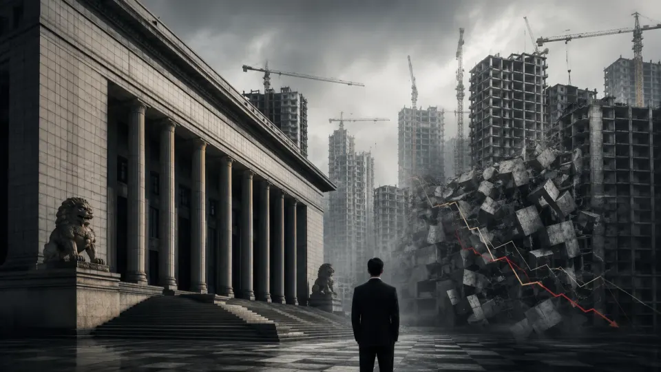 Stalled apartment towers beside legal documents illustrating the collapse of Evergrande’s development model