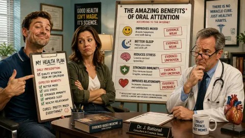 Satirical illustration of a hopeful man presenting an unusual supposed health plan to a sceptical doctor while his partner looks unimpressed.