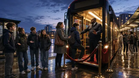 Teenagers waiting outside a bus at a British station while a driver admits a young passenger accompanied by an adult.
