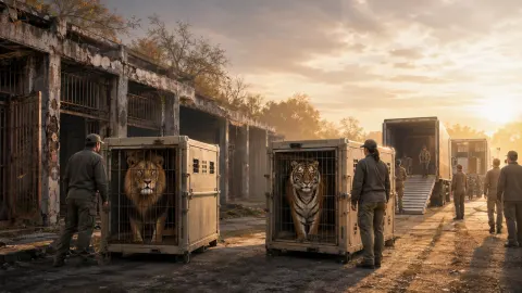 Editorial illustration of a lion and tiger being prepared for safe transport from an abandoned zoo.