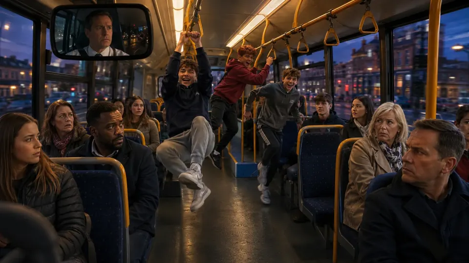 Two teenagers waiting at a bus stop at 6pm while a parent rushes to accompany them and their bus pulls away.