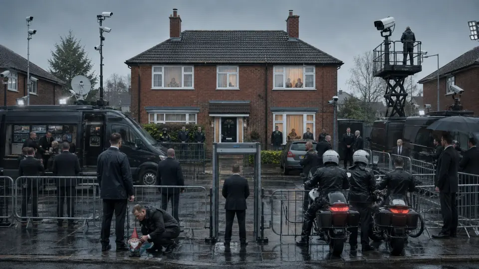 Satirical illustration of an elaborate royal security checkpoint outside an ordinary British house