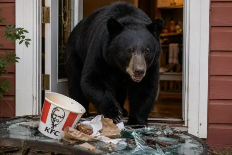 Black bear standing in the doorway of a Kentucky home beside smashed glass and discarded fried chicken packaging.