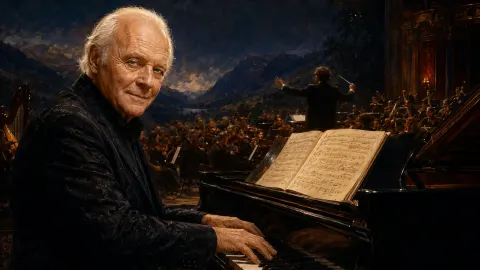 Editorial illustration of Sir Anthony Hopkins playing a grand piano while a conductor leads a full orchestra behind him.