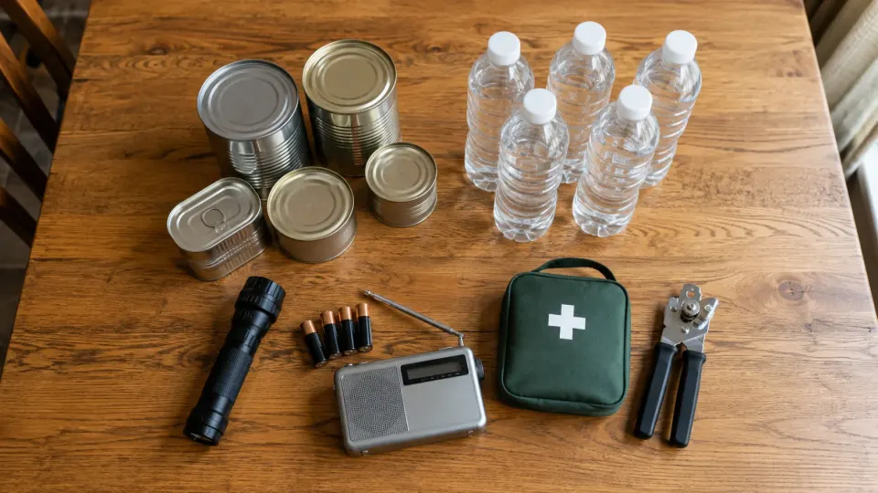 Tinned food, water, a torch, batteries and other basic emergency supplies arranged on a kitchen table.