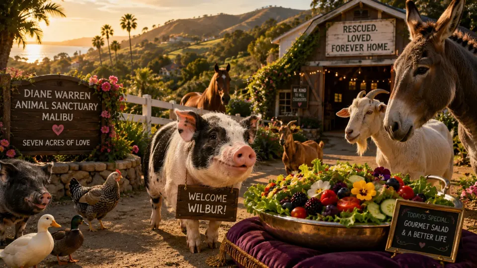 Humorous editorial illustration of a small pig arriving at a luxurious Malibu animal sanctuary with rolling hills, other rescued animals and an extravagant bowl of salad.