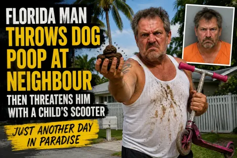 Satirical illustration of two Florida neighbours arguing outside suburban homes as dog mess lands near a child’s scooter