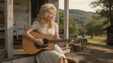 Dolly Parton performing with an acoustic guitar beneath warm golden stage lights.
