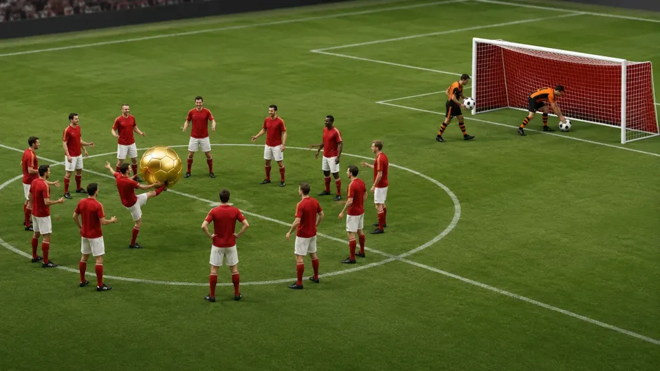 Red-shirted players pass an oversized golden football in a circle while two orange-and-black opponents place balls in their unattended goal.