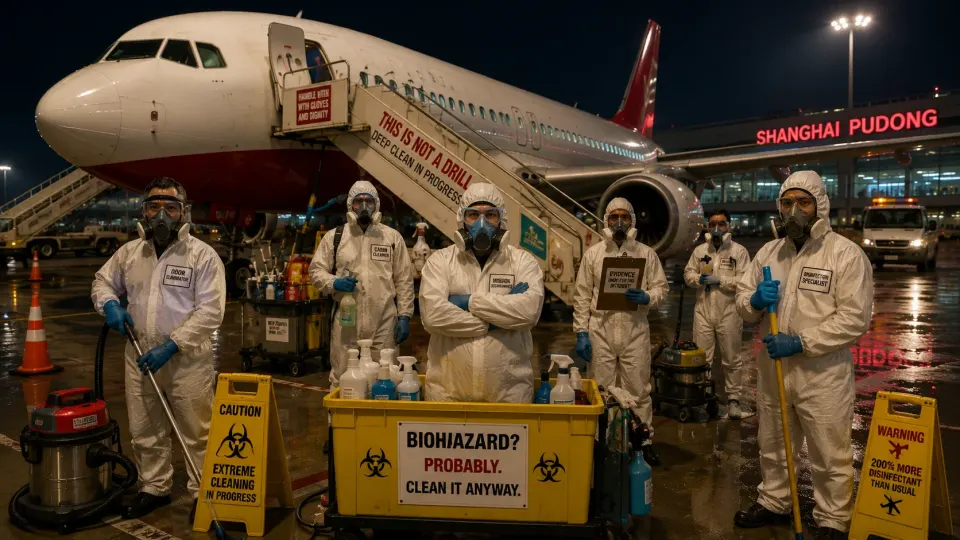Humorous editorial illustration of a heavily equipped airport cleaning crew waiting beside a passenger aircraft after an extraordinary onboard hygiene incident.