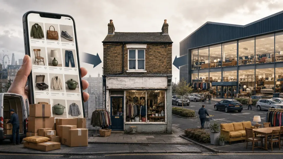 Illustration showing a traditional charity shop squeezed between online resale marketplaces and large out-of-town charity superstores.