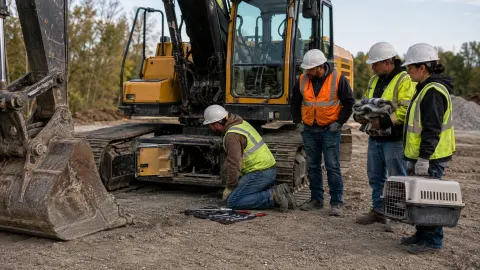Construction workers preparing to rescue a kitten trapped inside a stationary excavator.