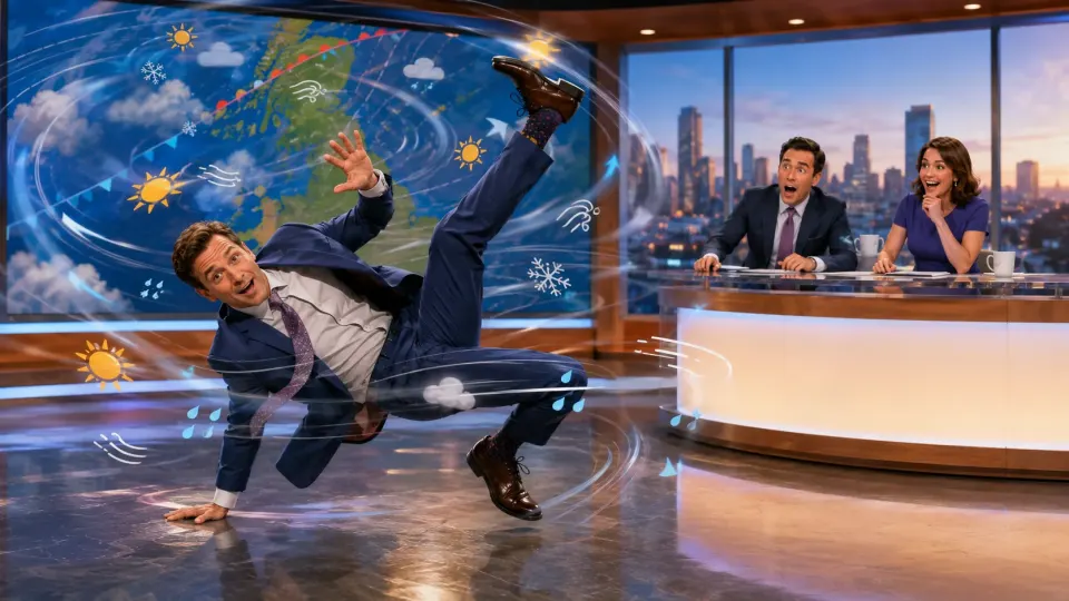 Suited television presenter breakdancing beneath swirling weather symbols in a breakfast TV studio.