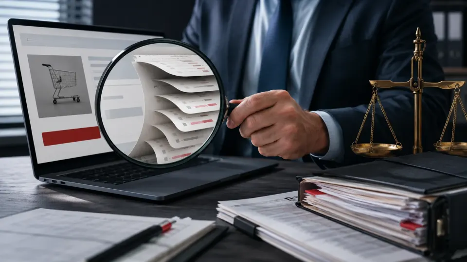 An investigator uses a magnifying glass to reveal layers of concealed charges inside an online checkout.