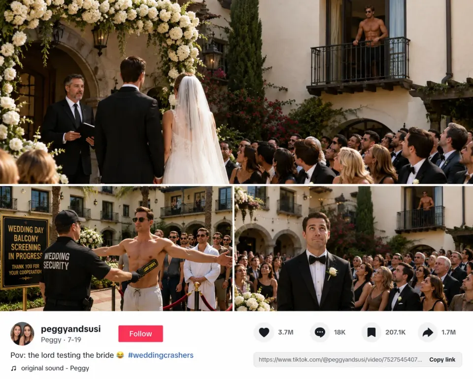 Satirical illustration of a bride, groom and wedding guests looking up at a shirtless man standing on a balcony above the ceremony.