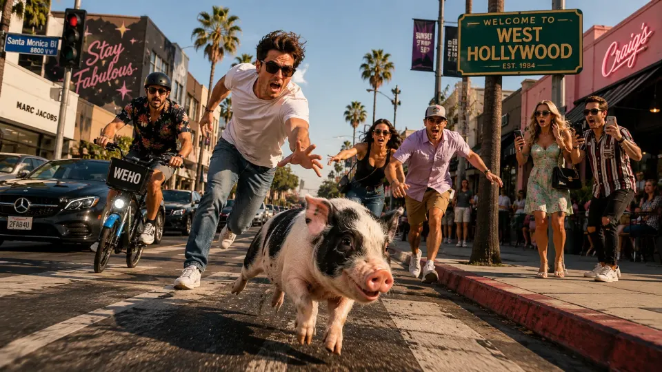 Satirical illustration of a small black-and-white pig sprinting through glamorous West Hollywood while surprised pedestrians attempt to catch it.