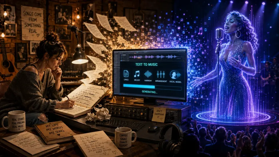 Editorial illustration showing a human songwriter at a piano feeding handwritten lyrics into a computer which transforms them into a glamorous virtual soul singer performing on stage.