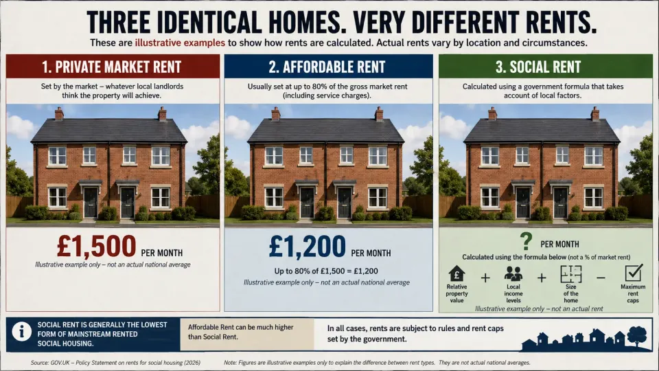 Illustration comparing an example private rent with Affordable Rent at up to 80% of market rent and Social Rent calculated using a government formula.