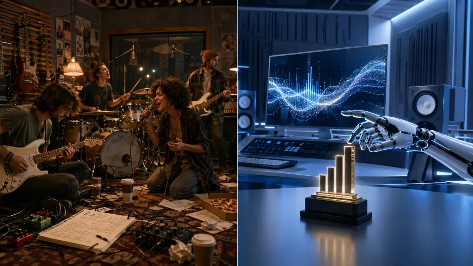 Illustration contrasting a human band rehearsing with a computer instantly generating a chart-ready song.