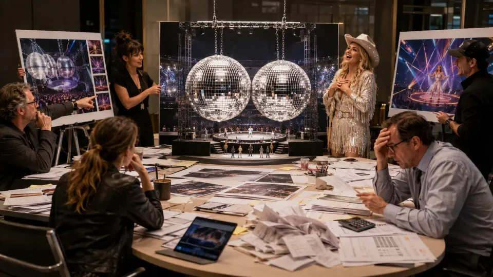 Satirical illustration of concert designers presenting a giant pair of sparkling disco balls as an arena stage prop.