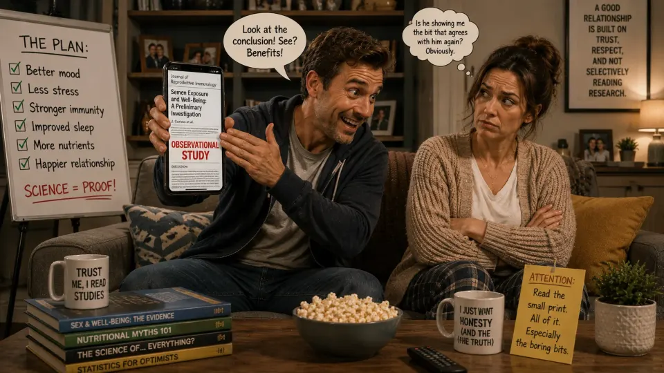 Satirical illustration of a man selectively reading scientific research while his sceptical partner notices the important qualifications.