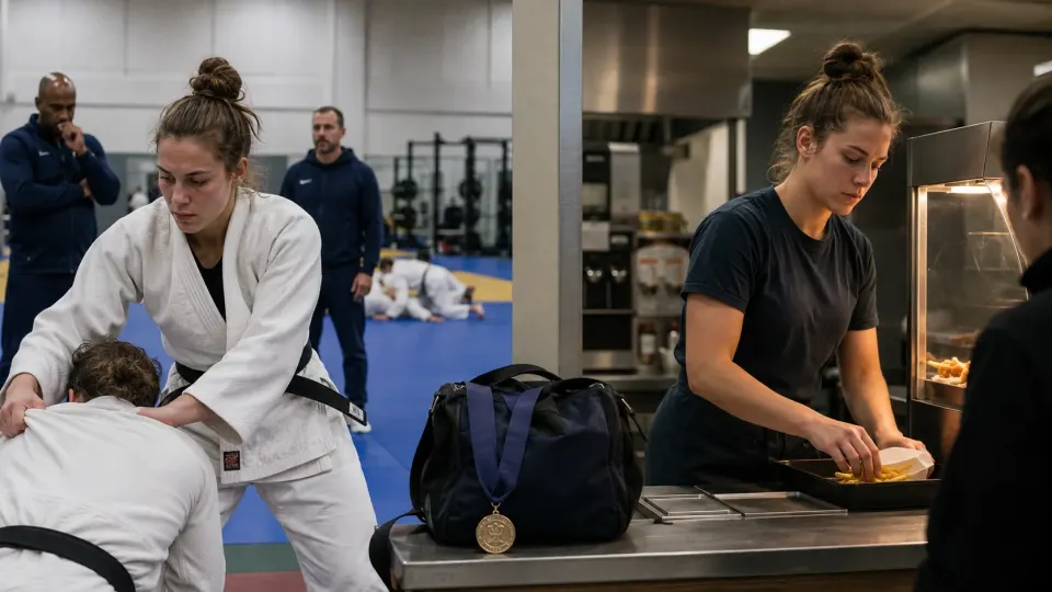 Illustration showing an elite judoka balancing intensive international training with part-time work in a fast-food restaurant.