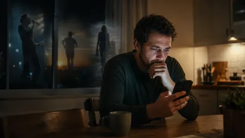 Person watching motivational moving-on videos alone at a kitchen table late at night
