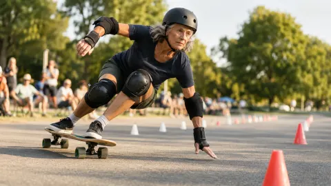 Older female skateboarder racing through cones on a slalom course while wearing a helmet and protective equipment
