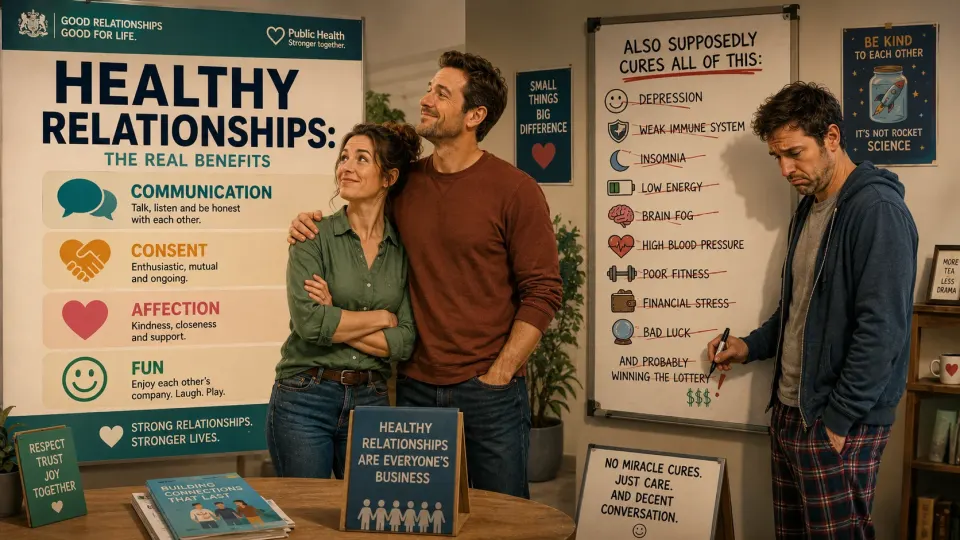 Humorous public-health style illustration emphasising communication, consent, affection and enjoyment in healthy adult relationships.