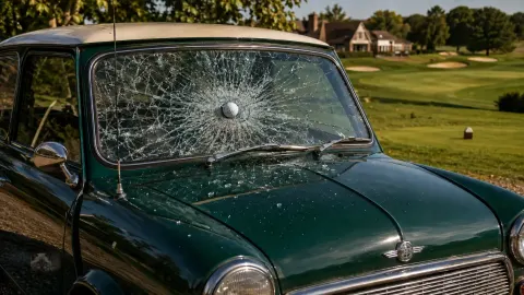 A golf ball embedded in the shattered windscreen of a classic green Mini beside a golf course
